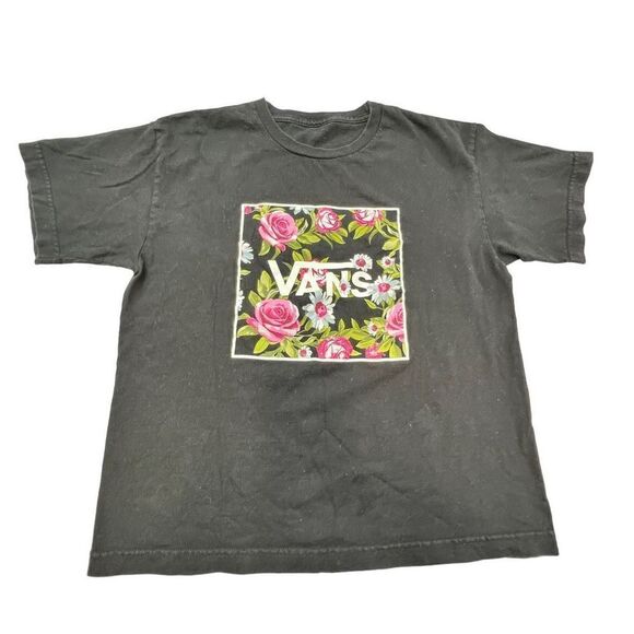 Vans Women's Floral Print Logo Crew Neck Short Sleeve T-Shirt Black Size Large - Picture 2 of 5